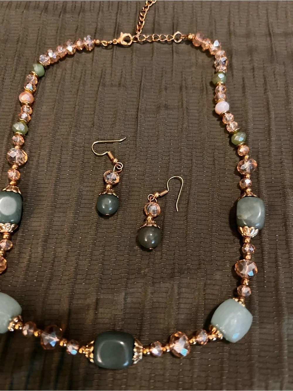 Gold-Tone Green Bead Necklace & Earrings Set